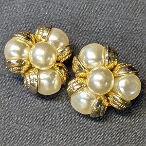 3 for $30  Vintage costume earrings, faux pearl and gold| large clip-on earrings